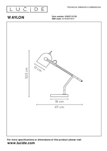 Lucide WAYLON - Lampe de bureau - 1xE27 - Noir - technique